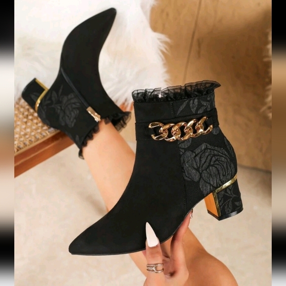 Fashionable Chunky Heel Boots,Lace Up Side Zipper Ankle Boots,Pointed Toe High - Picture 1 of 5